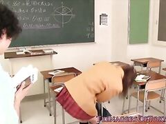 Japanese schoolgirl blowing teacher's cock