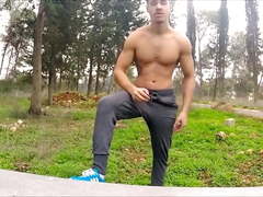 Latino Arik Mozh training in the woods and jerking-off