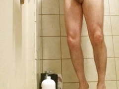 Hidden cam guy with big balls milking in shower